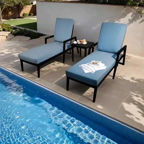 3pcs outdoor aluminum patio furniture chaise lounge set 2 chaise and 1 end table with modern tapered feet pneumatic adjustable backrest for effortless reclining wheels cushion black