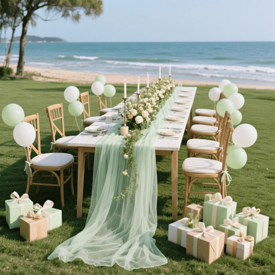 TEMU 1 chemin de table en tulle vert sauge , drapé léger avec effet de pompon, idéal pour sur pelouse, banquets au bord de, fêtes air dans des