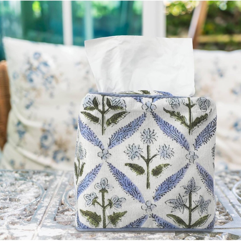 1pc elegant fabric tissue box cover & napkin holder - blue floral print with   &   trim, soft pastel blue/green/white, fits square/rectangular tissue boxes, space-saving decorative storage for bathroom, bedroom, office - handmade-look design, machine washable & crack-proof, fits most tissue boxes (paper not included) -   decor in blue, green, beige colors Product details 5
