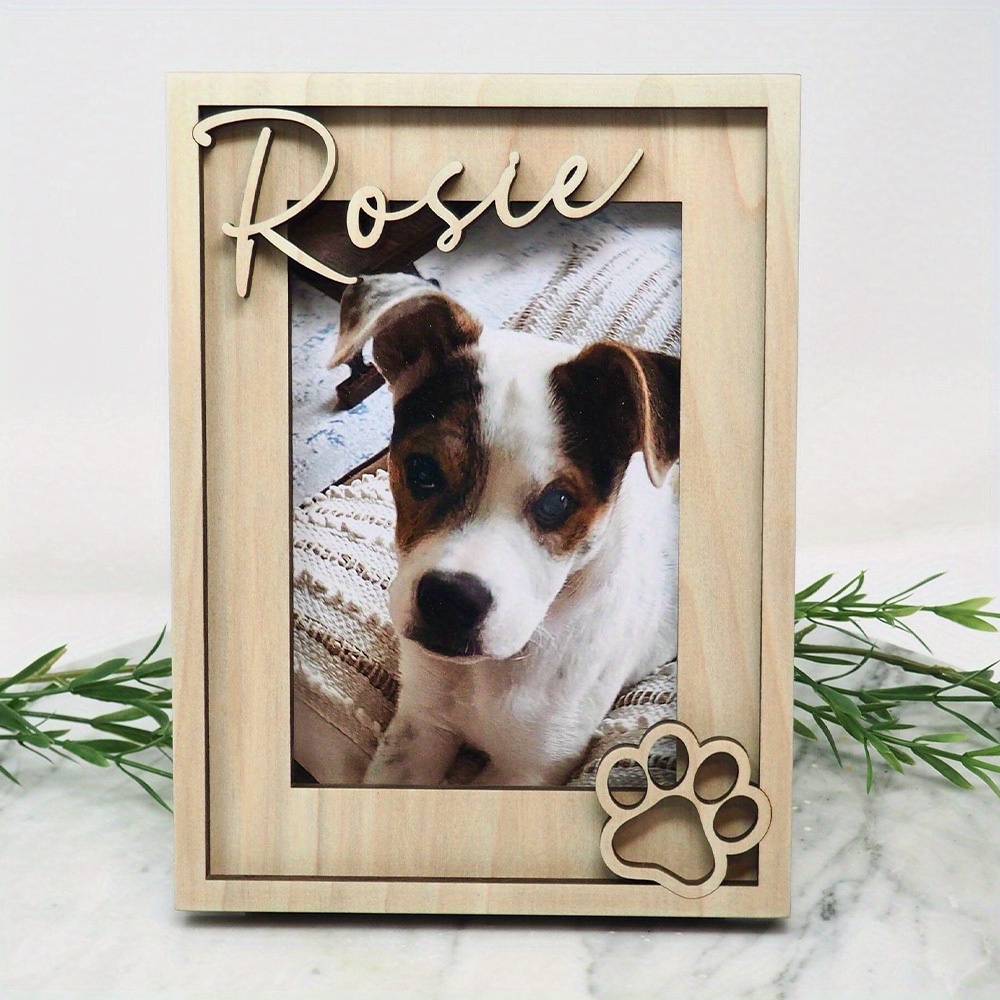 TEMU Personalized Wooden Dog Photo Frame | Custom Gift With Name And Date | Vertical Desktop Display | Smoky Design With Paw Print Cutout | Ideal For