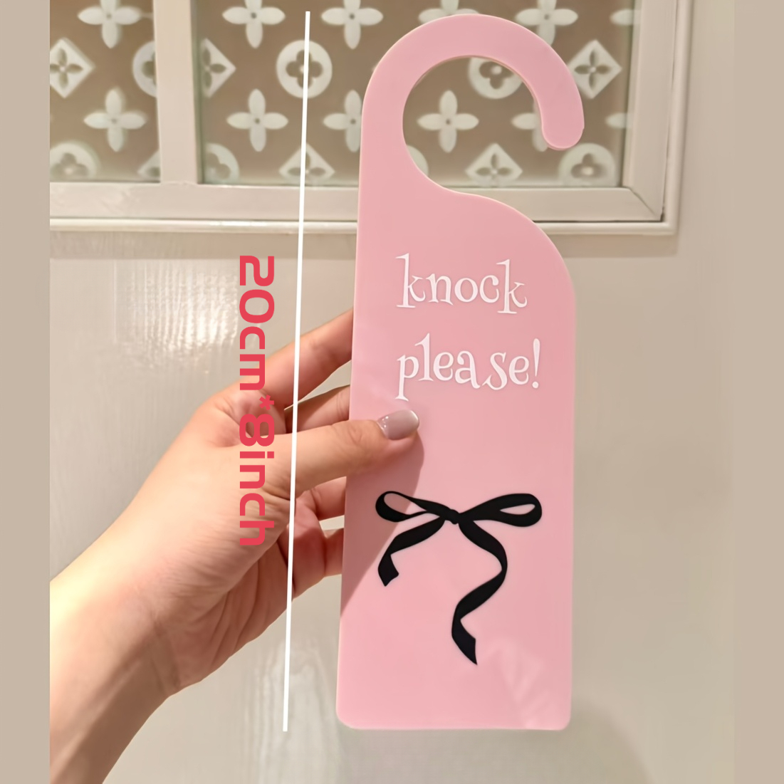 TEMU 【商品名】2D木製、ソフピンク、簡単な「ドアを叩いてください」テキスト、トな黒い蝶結びデザイン、かわいいで洗練されたデザイン。様々なドアハンドルに適した丸いフック付き