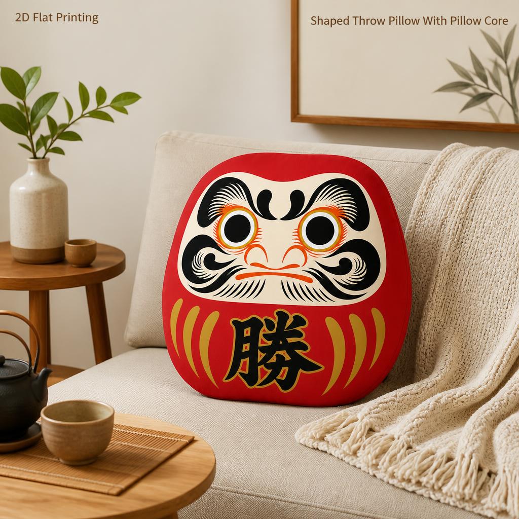 TEMU Japanese Daruma Shaped Stuffed Throw Pillow Decorative Cushion Red Daruma Tumbler Charm Decor Bedroom Gift For Spiritual Decor Fans New Year 2d