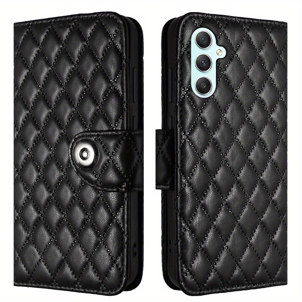 TEMU Phone Case - A Stylish And Versatile Black Faux Leather Phone Case With A , Featuring A Strong Magnetic Closure And A Diamond Pattern Stand