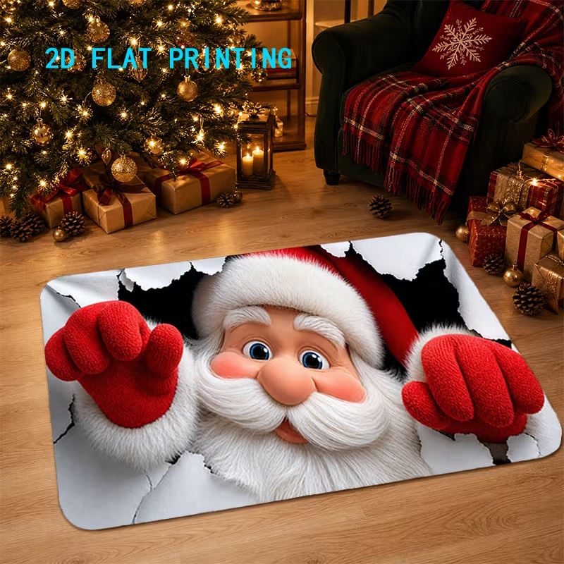 TEMU 1pc 2d Flat, Printing, Christmas Cartoon Santa Mat 3d Visual Entrance Floor Mat, 2d Flat Printing, Christmas Decorations For Home, Suitable For