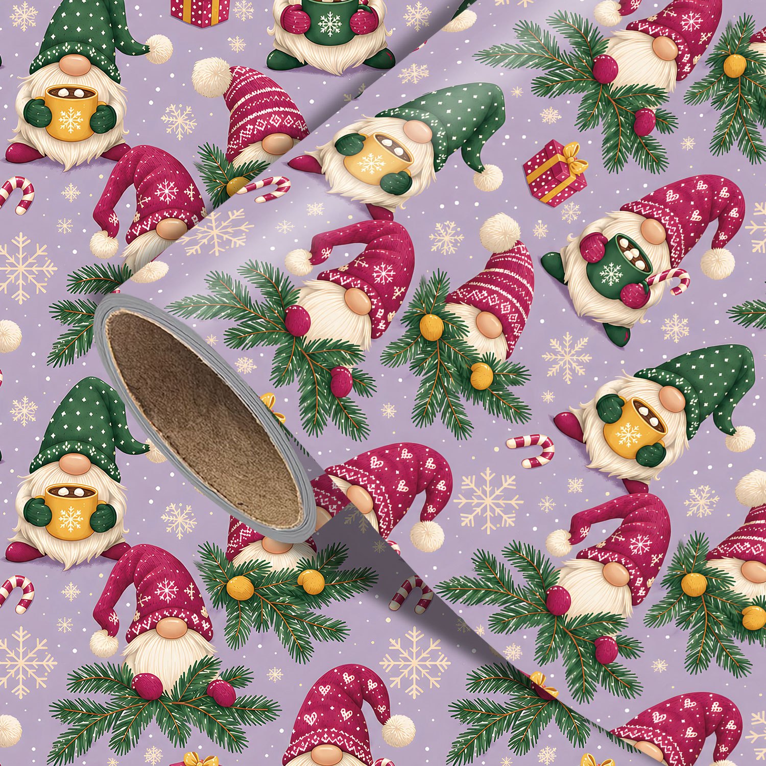 TEMU Purple Christmas Wrapping Paper Roll - Measures 17.7 Inches × 118 Inches, Cute Gnome With Knit Mug Pine Sprig Print, Perfect For Wrapping Xmas