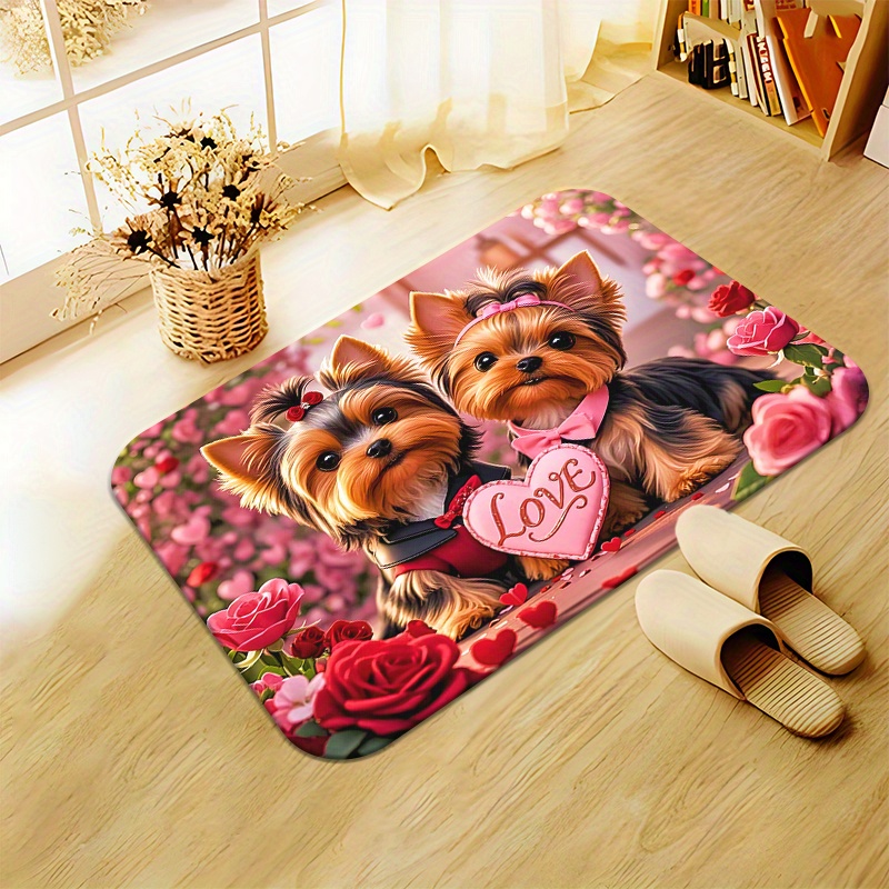 TEMU A Valentine's Day Yorkshire Terrier Printed Doormat - Non-slip, Absorbent Microfiber Mat Featuring A Cute Yorkshire Terrier Design, Machine