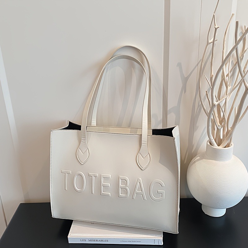 TEMU Ladies' Large Capacity Tote Bag, Embossed Letter Shoulder Bag, Casual Commuter School Handbag, Easy And Fashionable Tote Bag