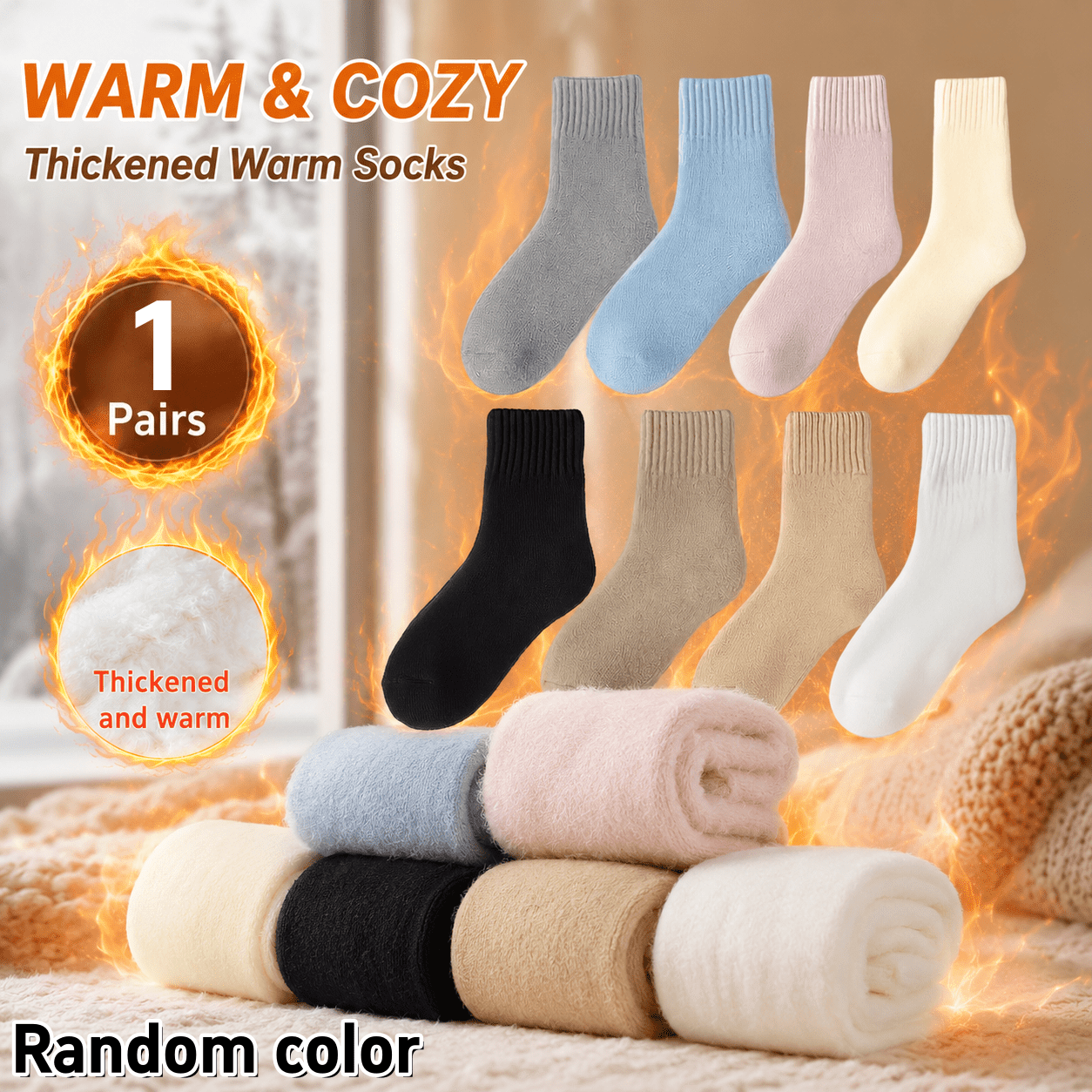 TEMU 1 Pair Random Color Women's Winter Soft Plush Lining Warm Socks, Autumn Winter Thickened Plush Warm Snow Socks, Home Winter Essential,