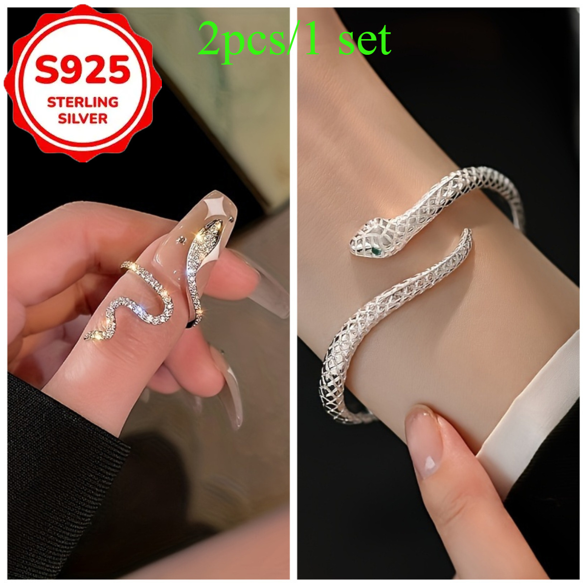 TEMU 2 pièces/1 set Bracelet et bague ajustables en argent sterling S925, de tendance, yeux en synthétique vert et détails floraux, bijoux pour