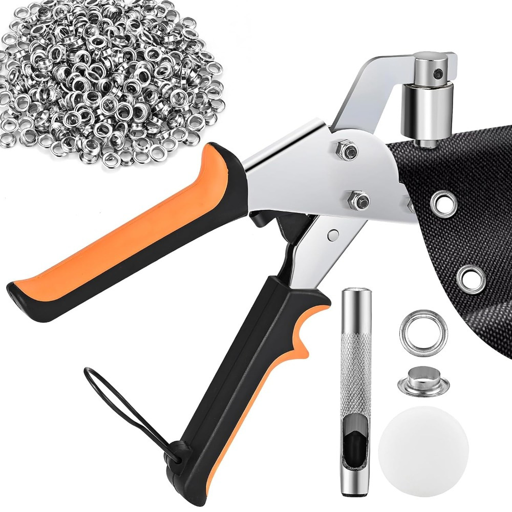 Image of Stainless Steel Eyelet Pliers Set, Grommet Press Tool, With 500 Eyelets (10mm Diameter), For Tarp, Cardboard, Pvc Flags & Leather Crafting