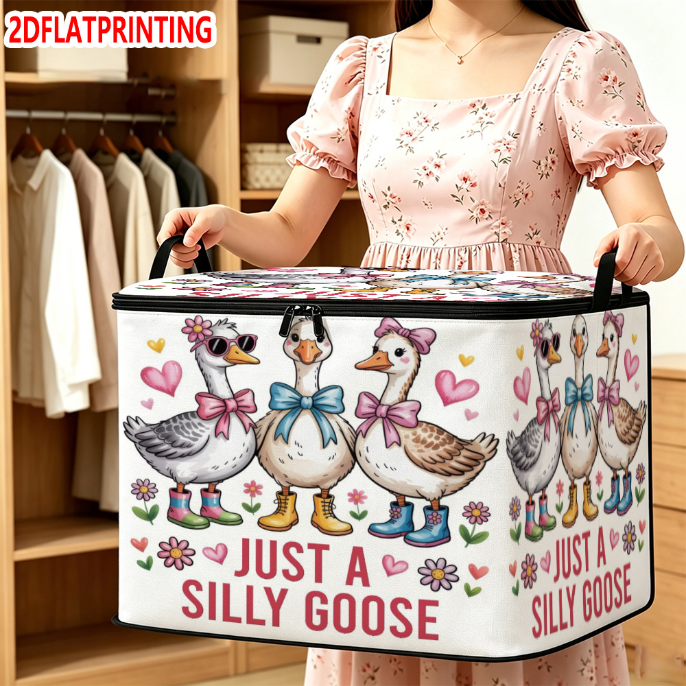 item picture fun and cute silly goose cartoon illustration with a bow tie boot pattern 2d flat print soft fabric large capacity foldable clothing storage box with zipper and carry handle a multi functional storage container suitable for organizing office