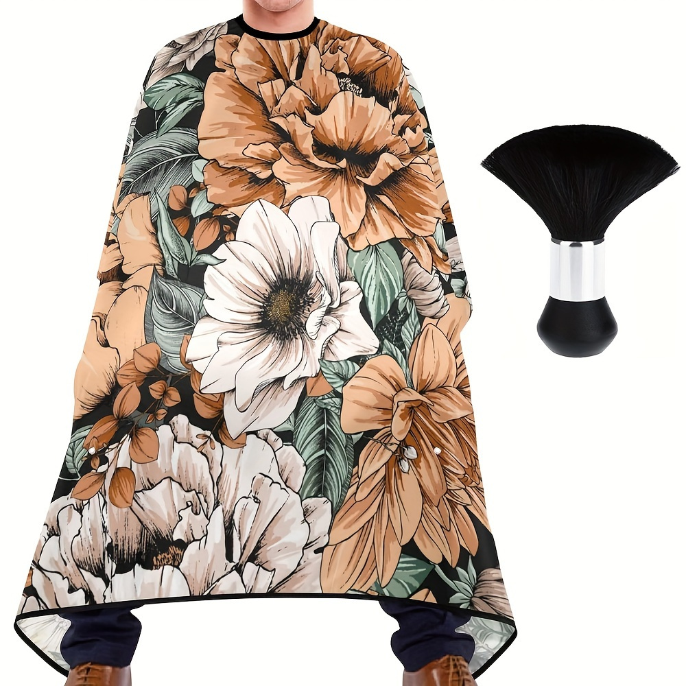 

1pc Floral Barber Cape With Hair Sweep Brush Set, Polyester Salon Haircut Apron With Adjustable Neck Closure For Hairdresser And Stylist