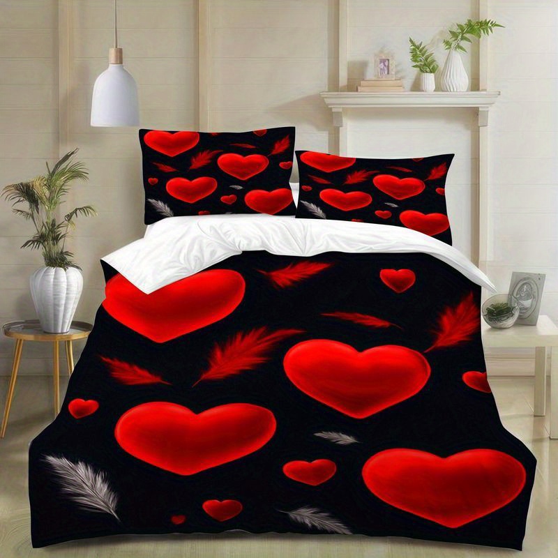 3pcs romantic heart pattern duvet cover bedding   red hearts black background comforter with pillowcases soft breathable microfiber fabric modern bedroom decor for couples master room 1 2 pillow cases Product details 4