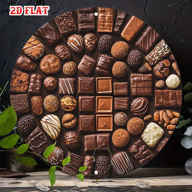 TEMU 2d Flat, 2d Flat 1pc Poster- Assorted Chocolate On Plate Round Wall Art, Indoor/outdoor Decor For Living Room, New Year Celebration, Frameless