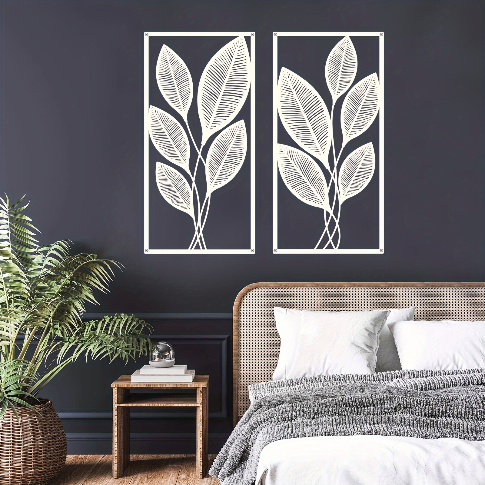 TEMU Set Of 2 Elegant Metal Leaf Wall Art, Black Art Wall Sculptures, Light Luxury Hollow Iron Artwork, 2pcs Living Decor Home Decoration Set, 7.9" W