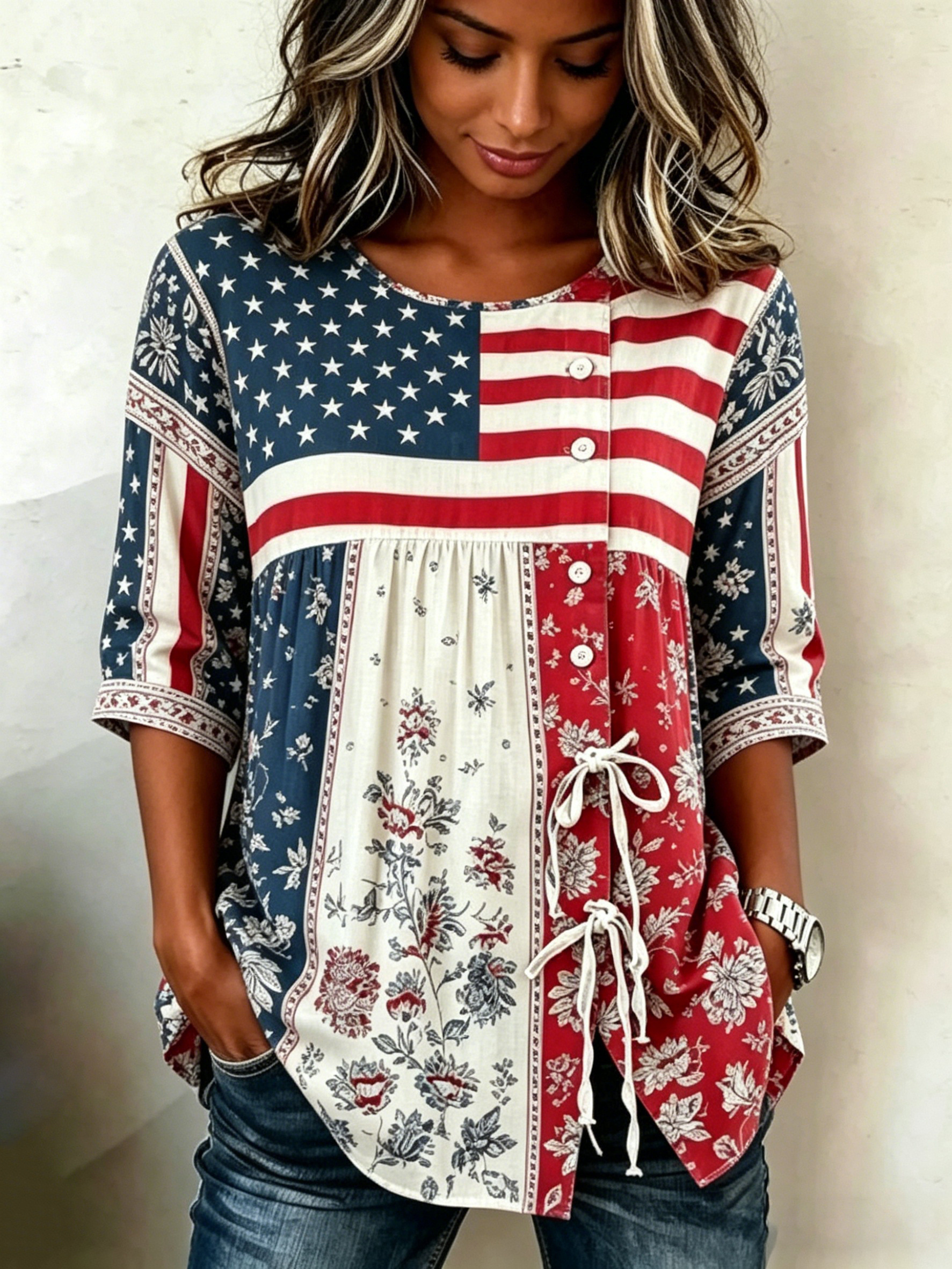 item picture womens american flag   floral   blouse half sleeve button lace up shirt casual loose tops