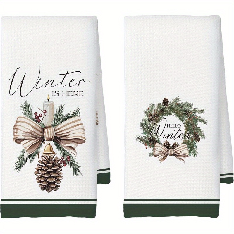 2pcs Winter Christmas Kitchen Towels, Christmas Wreath Towels, Bow Blueberry And Decorative Tea Towels, Kitchen Hand Towels, Oversized Towels 18 * 26 Inches Dish Towels