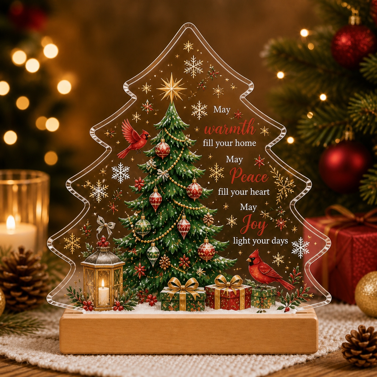 TEMU 2d Flat, May Warmth Fill Your Home, May Peace Fill Your Heart, May Your Days. Christmas Tree-shaped Acrylic Desktop Ornament With Solid Wood