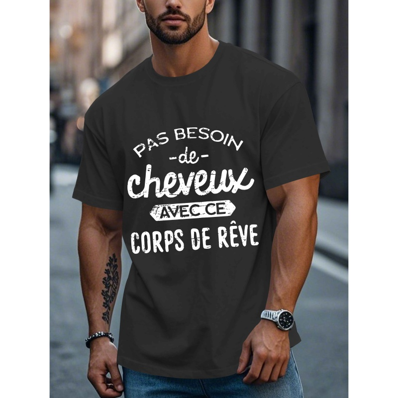 

T-Shirt Décontracté pour Homme avec Française - Polyester Noir, Manches Courtes, Col Rond, Lavable en Machine, Haut d'Été