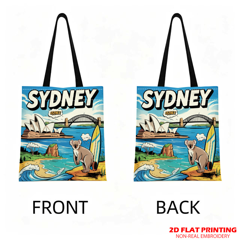 TEMU 2d Printed Single Vintage Sydney Art Tote Bag With Koala And Surfboard Large Capacity Men's And Women's Handbags, Reusable Men's And Women's