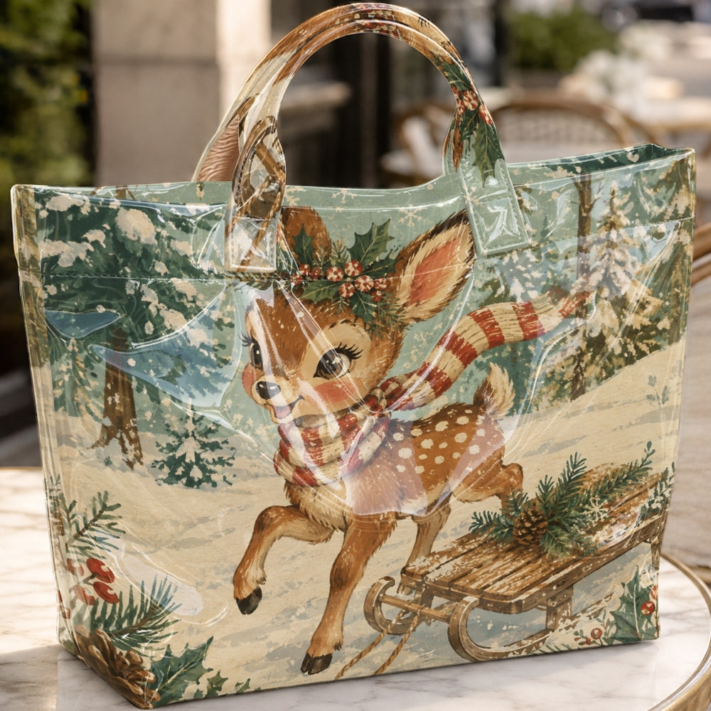 Tote Bag With Holly Wreaths, Scarves, , And Deer Print; Spacious Casual Tote Suitable For Summer , Beach Trips, Picnics, , And Daily
