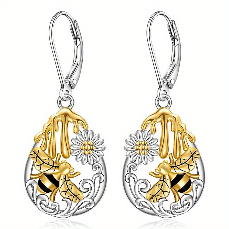 E-shop 1 Paar Niedliche Goldene Bienen-Ohrringe Zweifarbige Blumen-Tropfenohrringe für Damen – , Party & Urlaub Vintage Schmuck