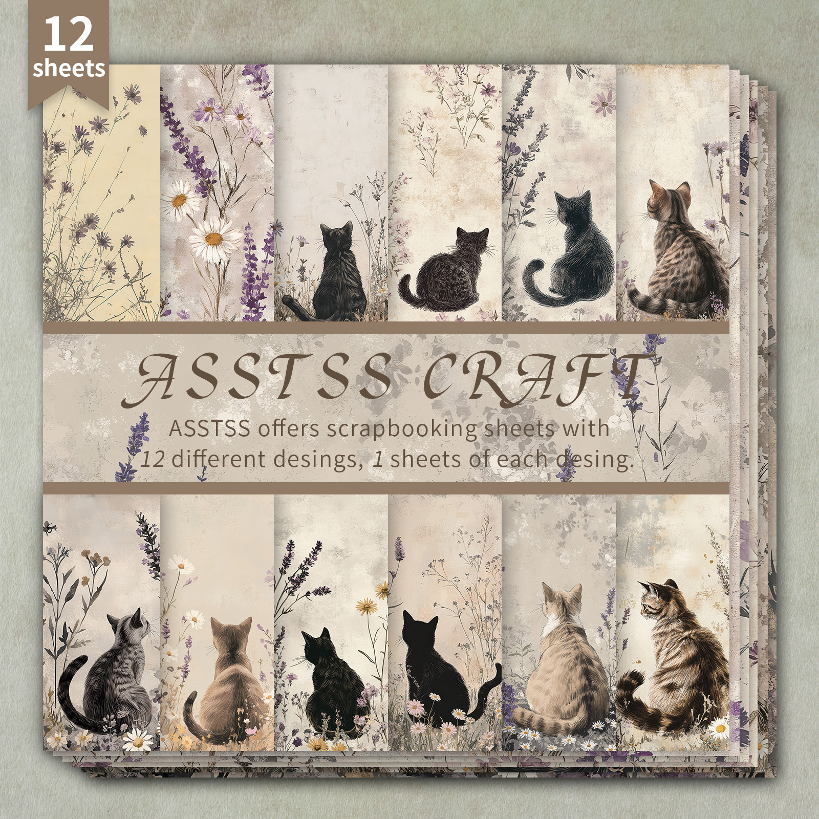 TEMU 12-sheet Asstss 6*6-inch Scrapbooking Paper Pad, Featuring Retro Cat And Designs, Made From Heavyweight Cardstock Suitable For Journaling,