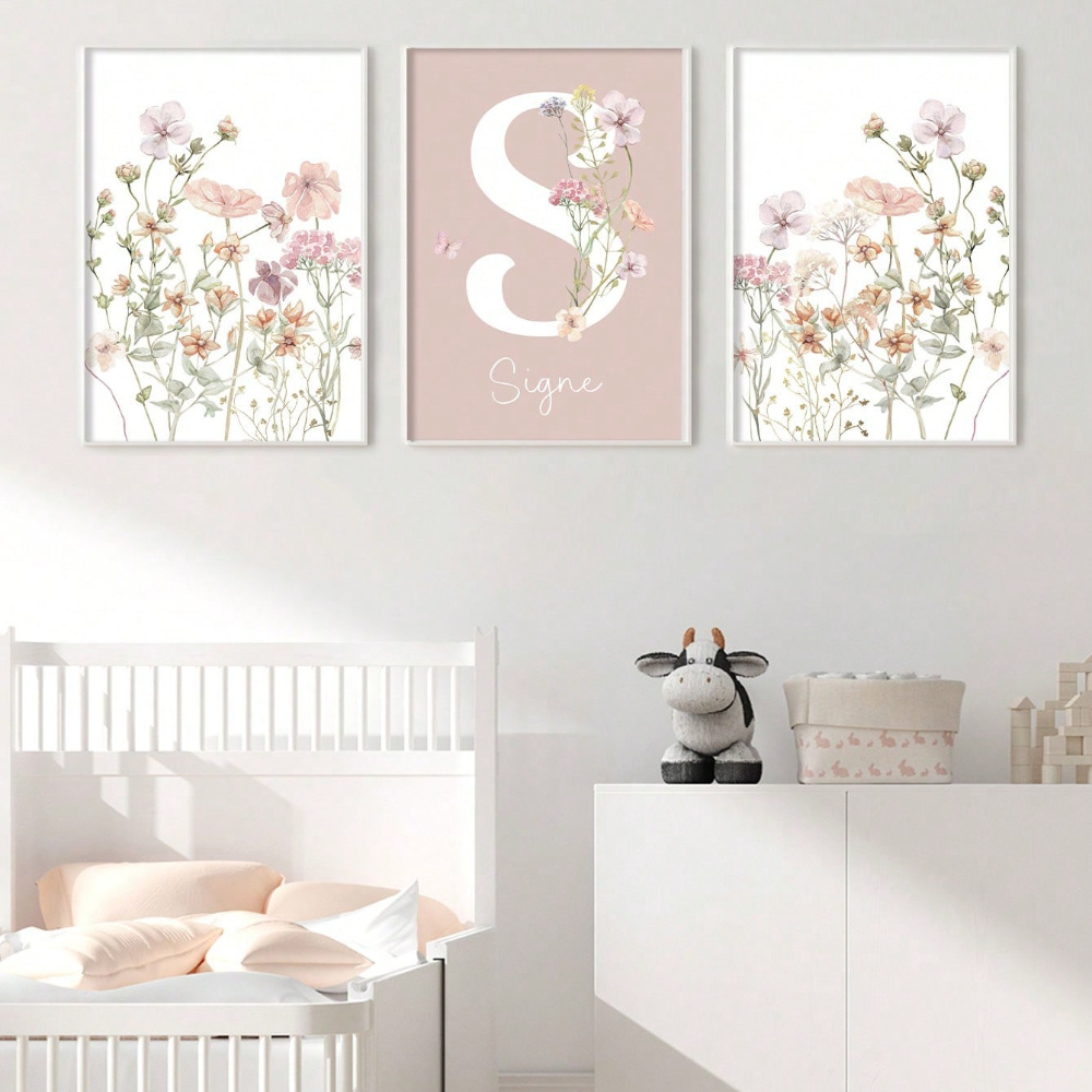 

Print Painting, Custom 3pcs Canvas Wall Art Set - Personalized Name, Pink Floral Posters For Girls' Bedroom & Nursery Decor - Perfect Birthday Or Christmas Gift, , Room Decor