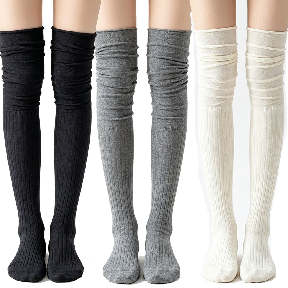 TEMU 3 Pairs Women Ribbed Over The Knee Socks, Solid Color Slouchy Thigh High Socks, Soft Long Stockings For Daily Outfit