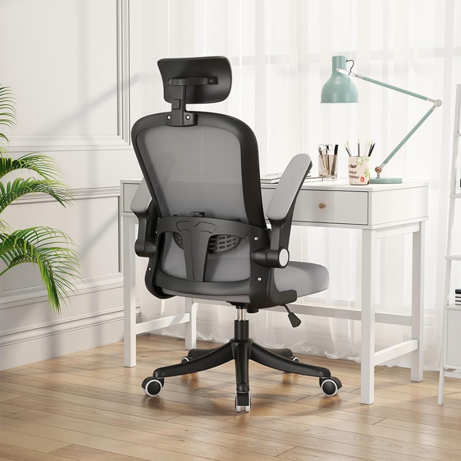 صورة العنصر كرسي مكتب مع دعم للفقرات القطنية ومسند رأس وأذرع قابلة للطي، كراسي مكتب منزلية متأرجحة قابلة لتعديل الارتفاع للمراهقين والبالغين (شبكة رمادية)
