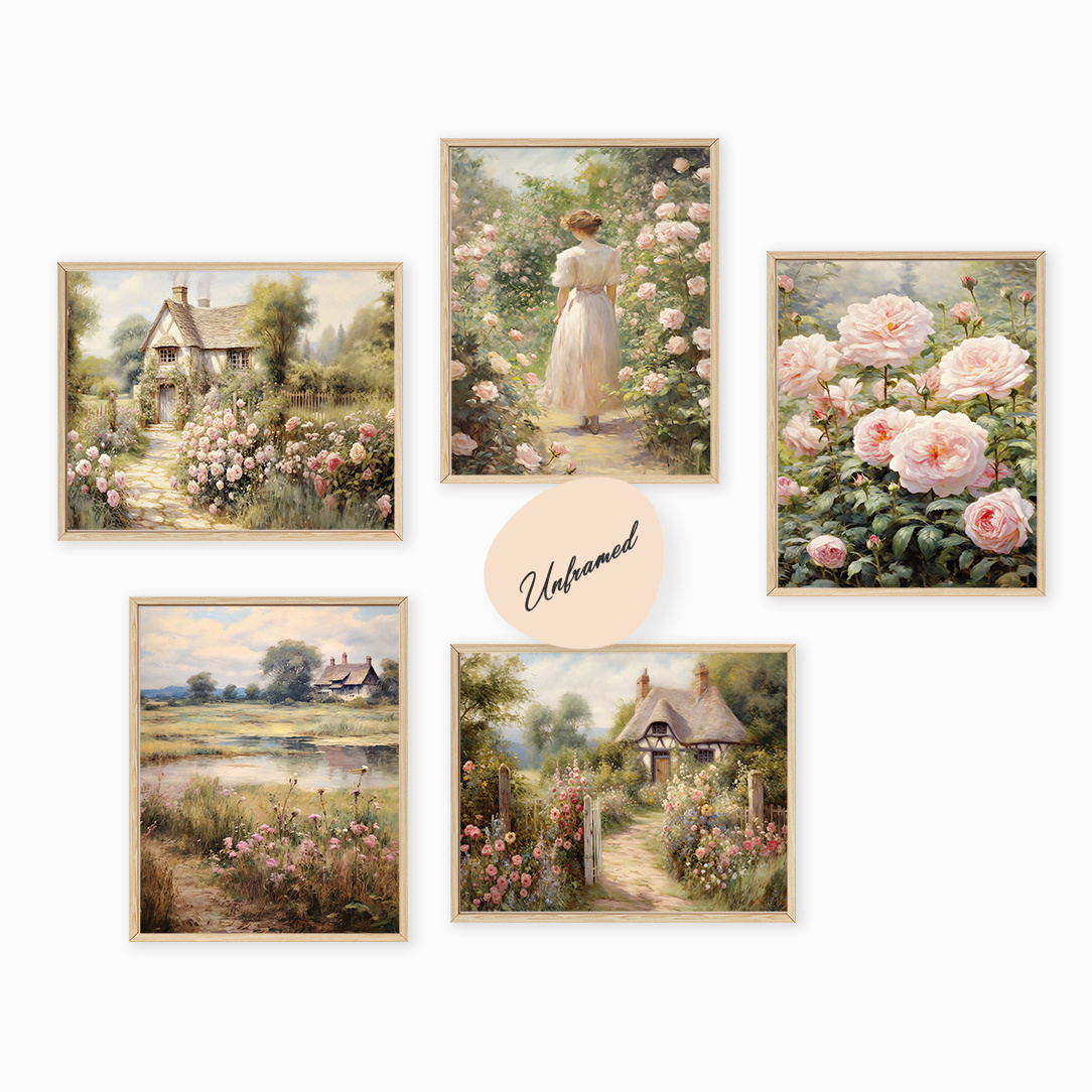 TEMU 2d Flat, 5pcs Cottagecore Botanical Art Posters Set, Unframed Fashion Themed Flower & Vintage Collage, 8x10 Inches, Coquette Room Decor For