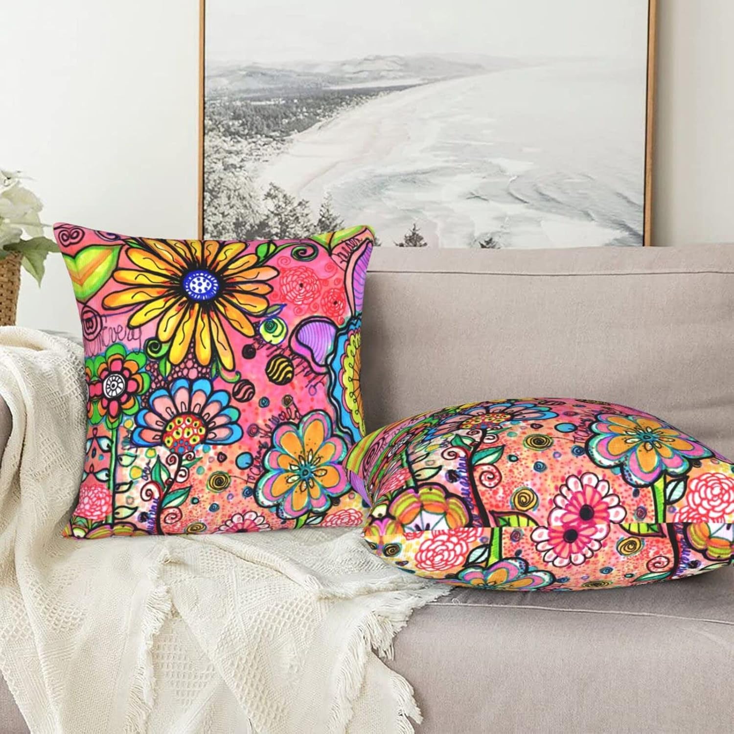 2pcs artistic floral graffiti throw pillow covers double sided printed square pillow covers for sofa bedroom living room car decoration holiday decorations polyester 18 x 18 inches no pillow core Product details 4
