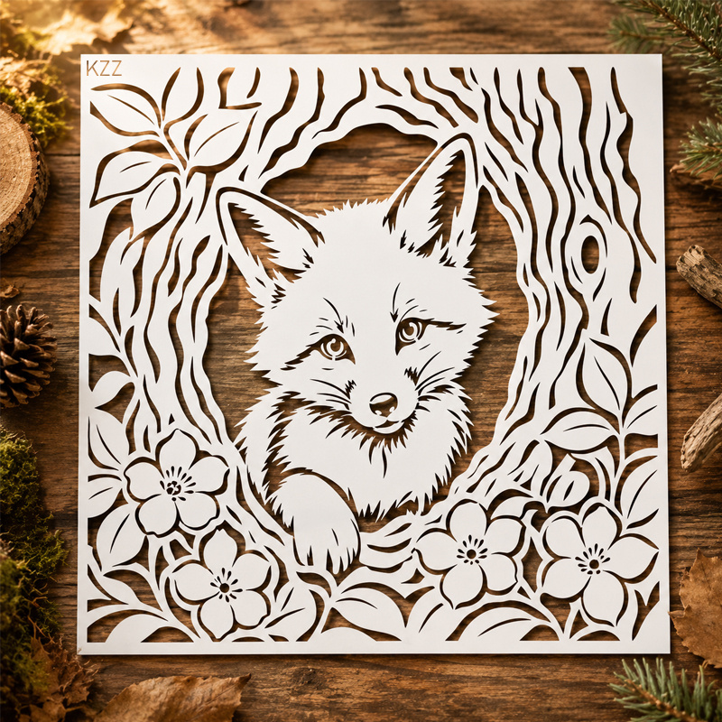 TEMU Pochoir Renard des Bois Réutilisable KZZ pour Panneaux en Bois, Scrapbooking sur Toile et Artisanat sur Tissu - Modèle de Bricolage Lavable et