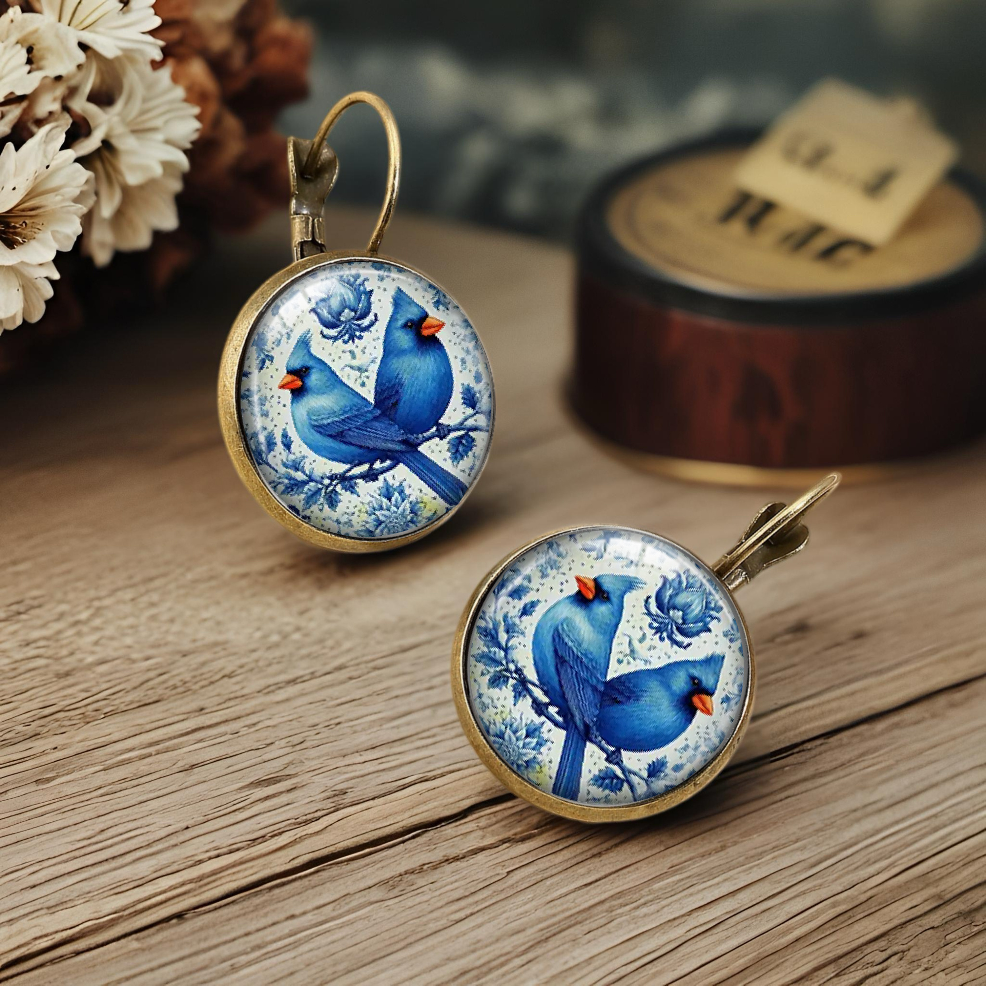 Bluebird Pattern Elegant Delft Pottery Style Earrings