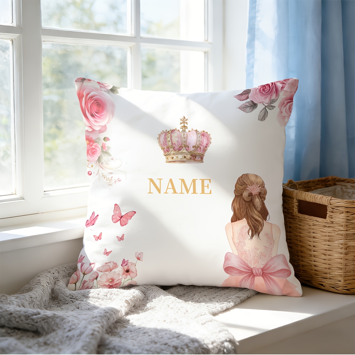 TEMU Custom Crown Princess Pillowcase- Personalizable Name Pillowcase In Pink And White Golden Color Scheme, Suitable For Home Decoration, Gift , And