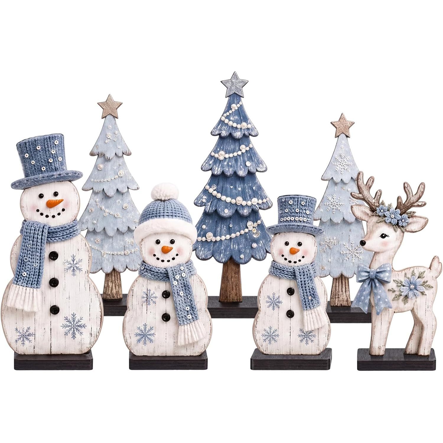 TEMU 2d Flat 7pcs Wooden Blue White Christmas Desktop Ornament Set Snowman Christmas Tree Reindeer Snowflake Pearl Winter Desktop Wooden Ornaments 2.