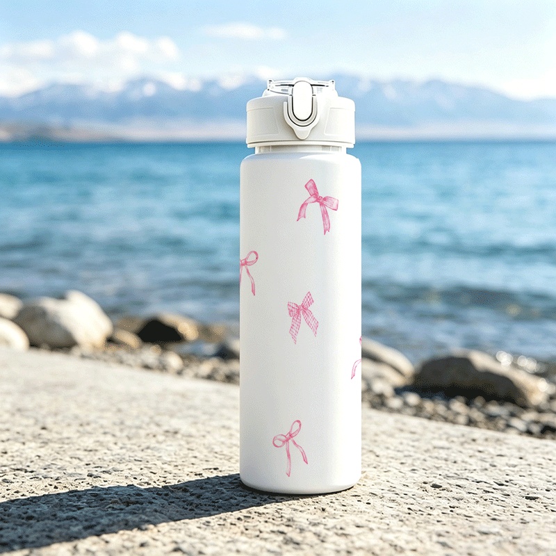TEMU 1pc 25oz/ 750ml 2d Printed Water Bottle With Lid And Straw Travel Drinking Cup Delicate Light Checkered And Solid Ribbon Bows Scattered On White