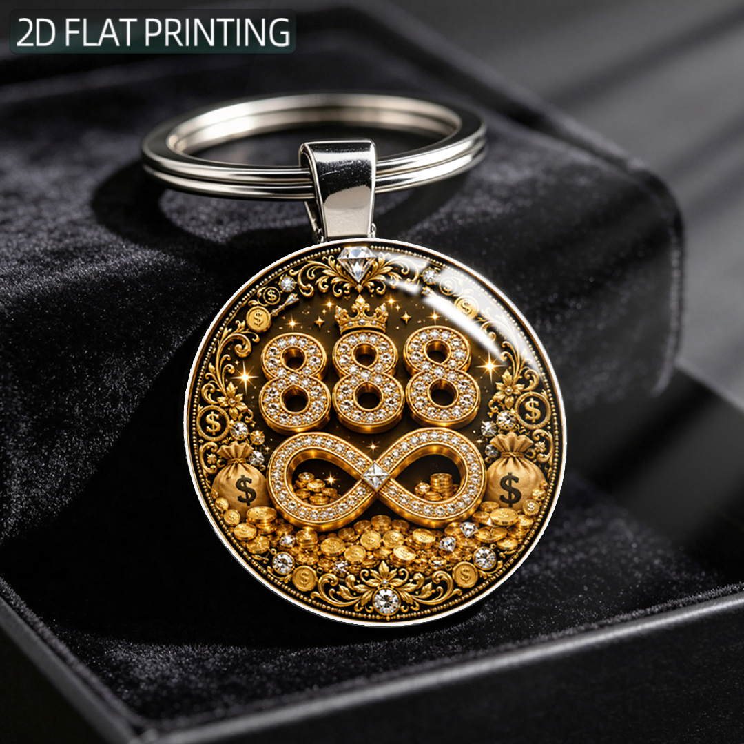 TEMU 2d Flat, 1pc, 888 Wealth?luck Symbol Themed Retro Round Key Chain, Creative Nostalgic Accessory, Trendy Portable Charm, Applicable To Backpack