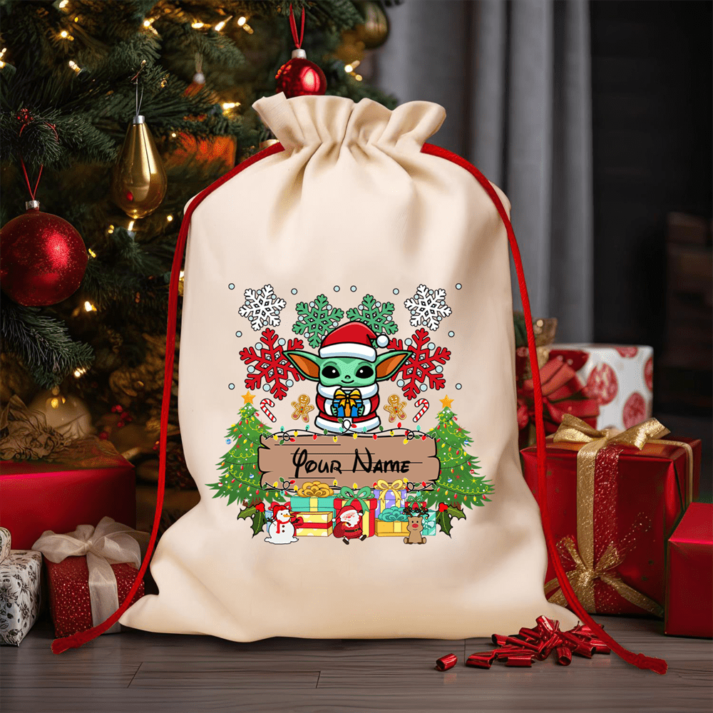 

1pc Disney Christmas Party Drawstring Storage Bag, Name Customized Christmas Costume Yoda Cartoon Pattern Christmas Gift Storage Bag, Perfect Christmas Party Gift Bag