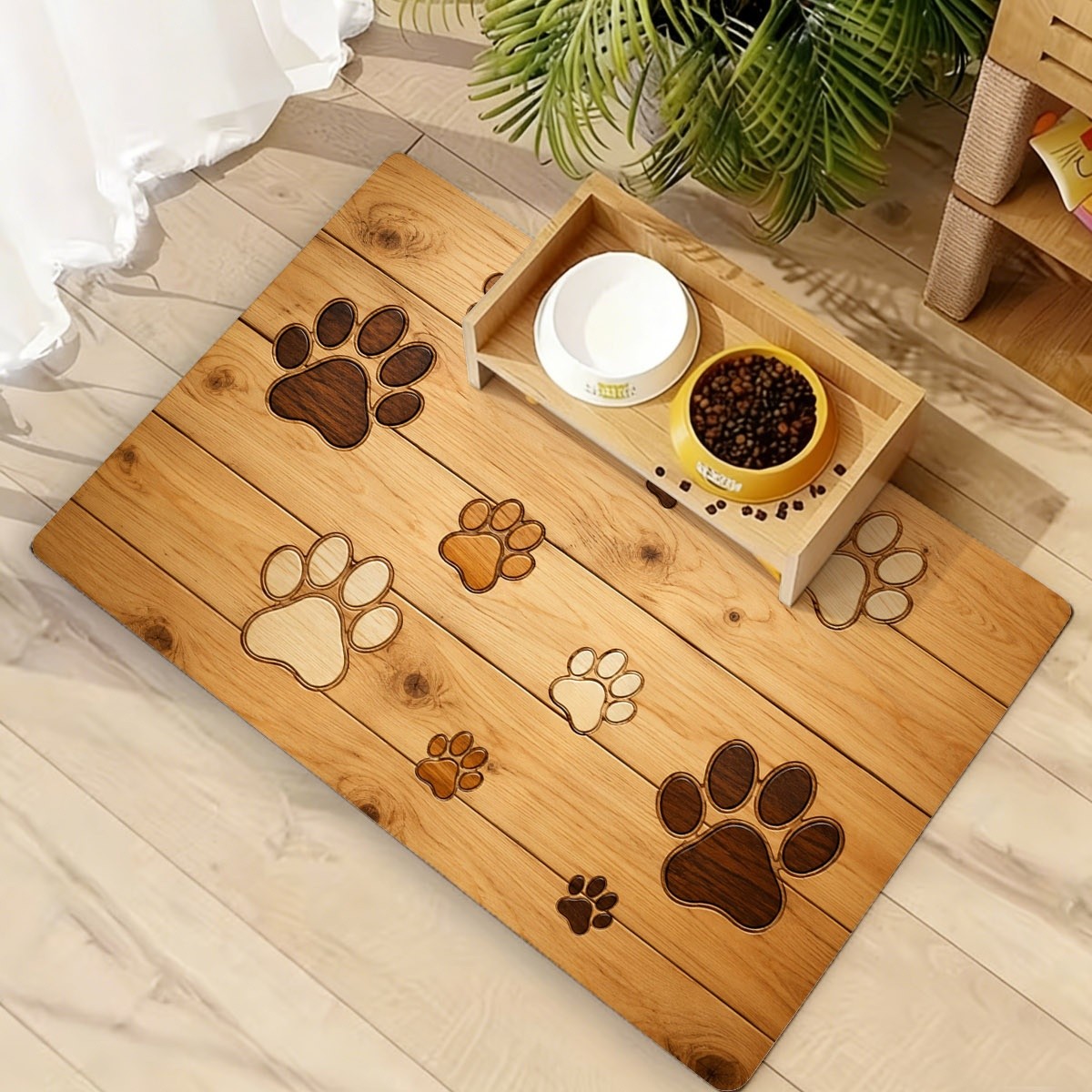 TEMU Rustic Paw Print Mud Cat Feeding Mat, Wood Grain Style Non-slip Pet Water Mat, Available, Ideal For Placing Near Cat Bowls And Pet Feeding Areas