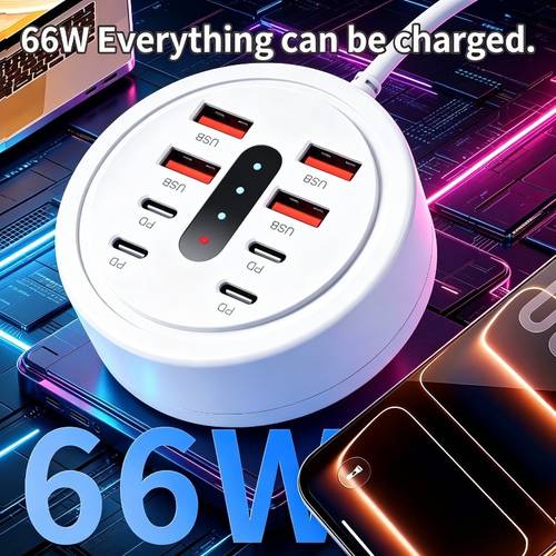 66w round usb c charging hub 8 port pd fast charger 4 usb a 4 usb c multi charger compatible with all smartphones laptops tablets