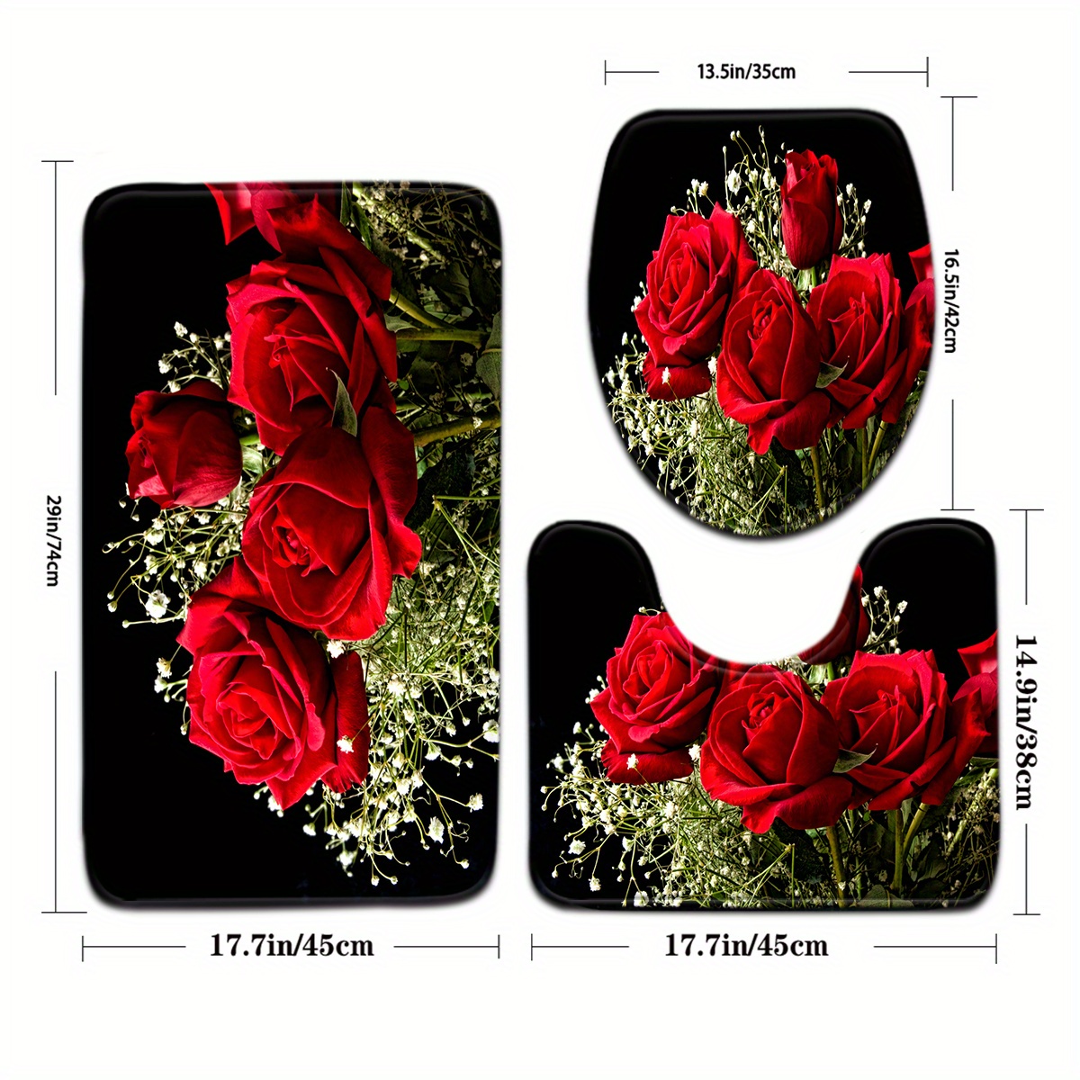 Image of 2pcs/3pcs Valentine's Day Series Set With Rose Pattern Bathroom Mats, Toilet Seat Cover, And U-shaped Foot Mat