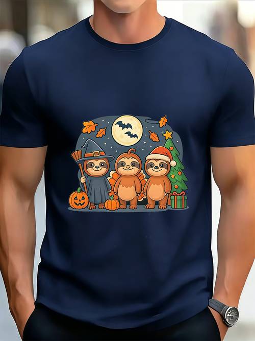 Artikelbild quirky sloth crew: herren t-shirt mit aufdruck, weich und atmungsaktiv, lässige alltagskleidung für lustige tage!