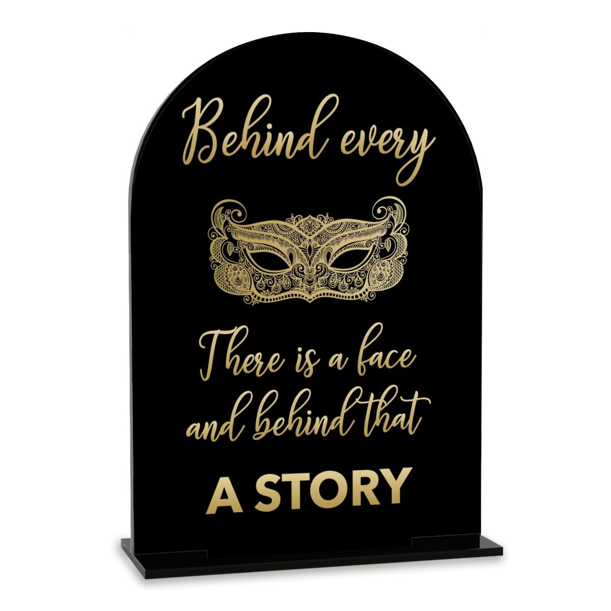 TEMU 2d Flat, Behind Mask Is A Face" Masquerade Party Sign, Acrylic Mask Table Sign For Birthday And Graduation Party Decor, Black And Golden Acrylic
