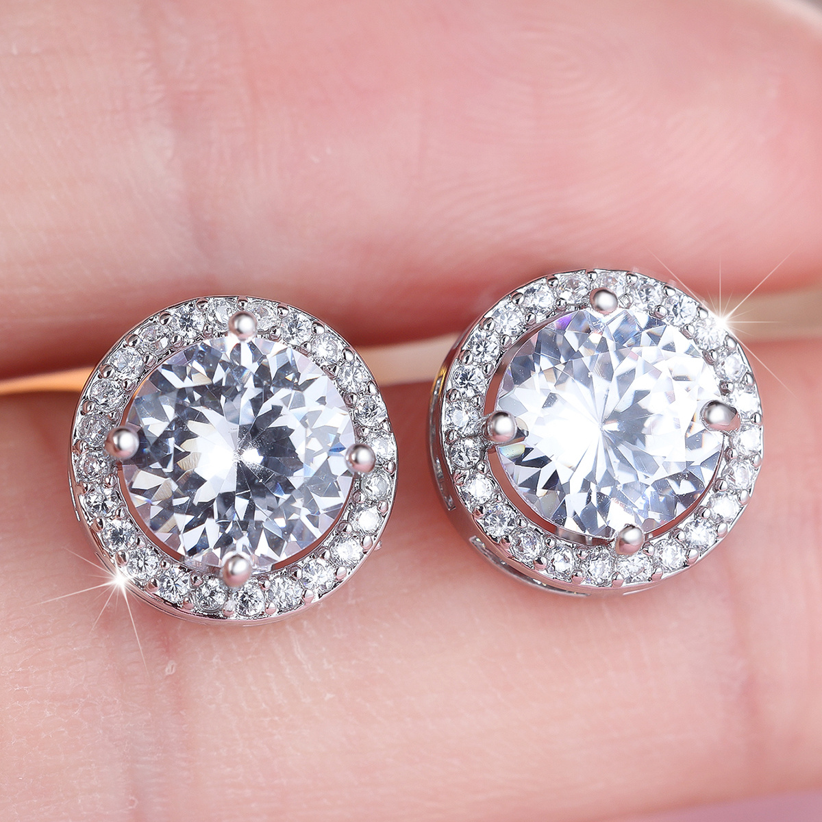 Silvery Round Pave Synthetic Zirconia Earrings