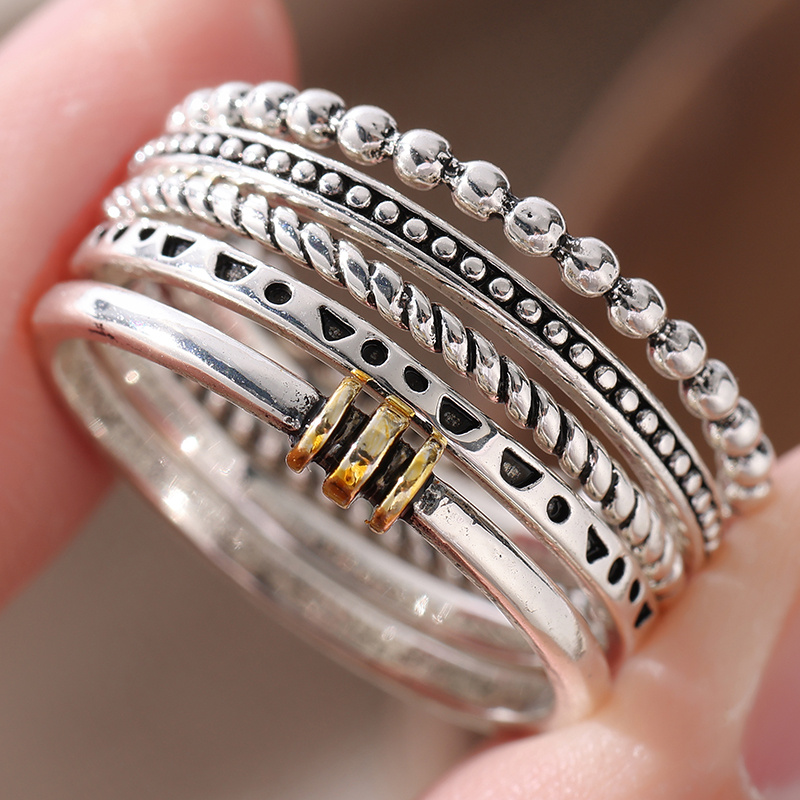 5pcs Trendy Hand Carved Geometry Women's Ring Set