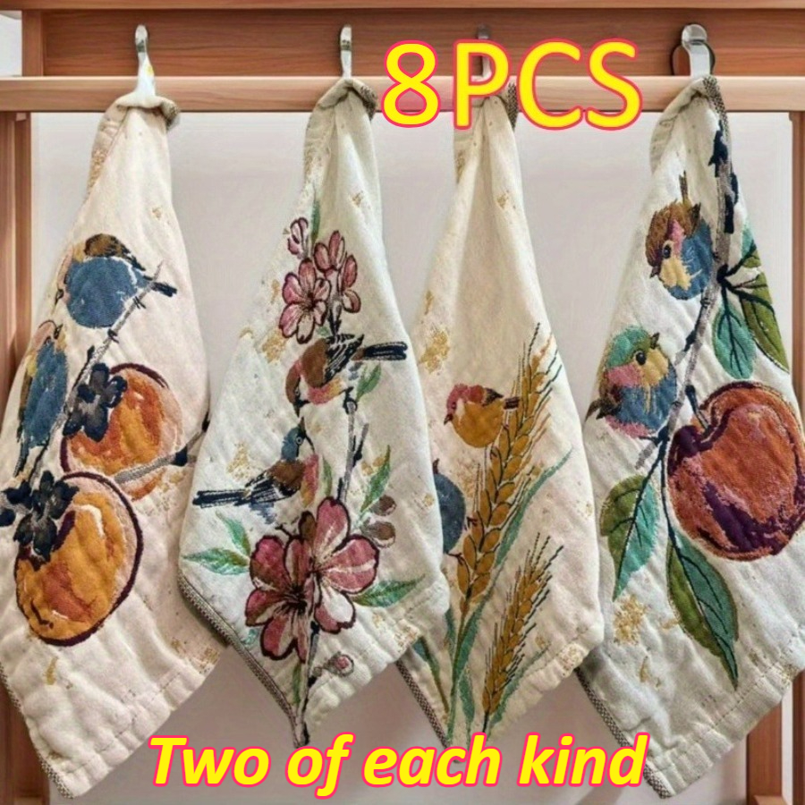 TEMU 8pcs Super Soft Bird Vintage Square Towel, Comfortable Multifunctional Pattern Washcloth, Cute Towel For Sweat, Foot, Bathroom Towels, Essential