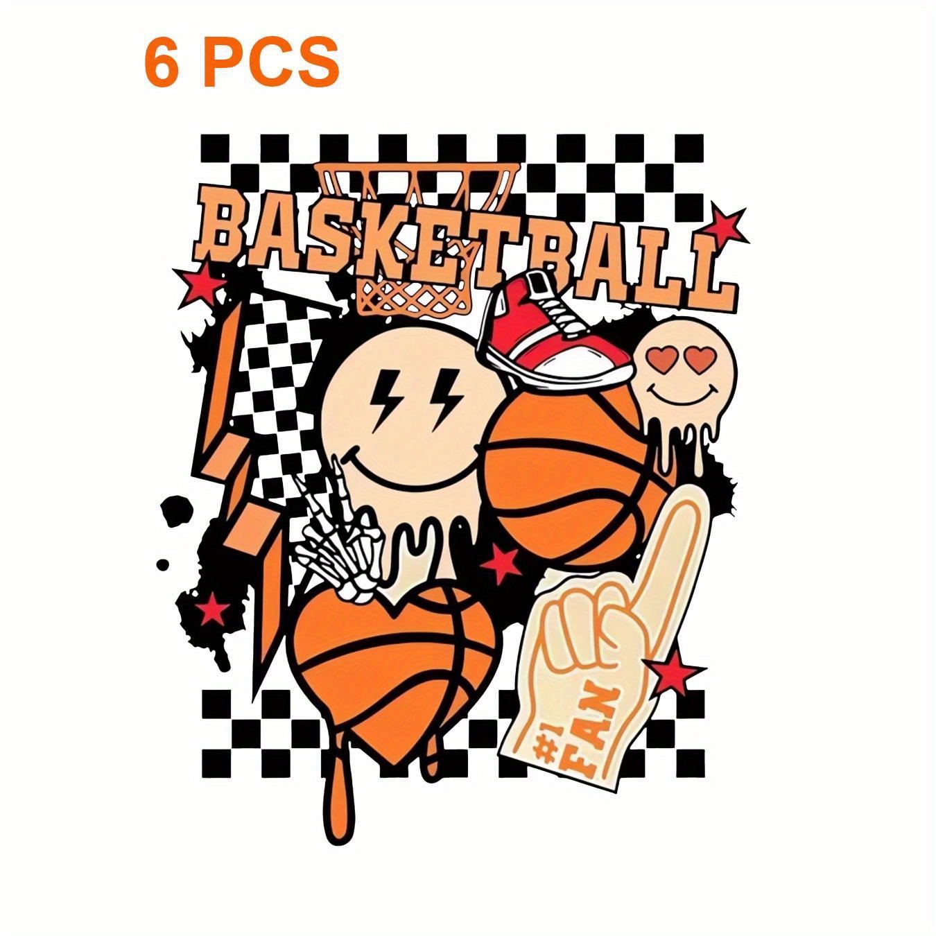 

6-pack Basketball And -on Transfer Decals - Heat Press Patches For T-shirts, Hoodies, Jeans, Backpacks, And Canvas Bags, Mixed Colors, Plastic Material