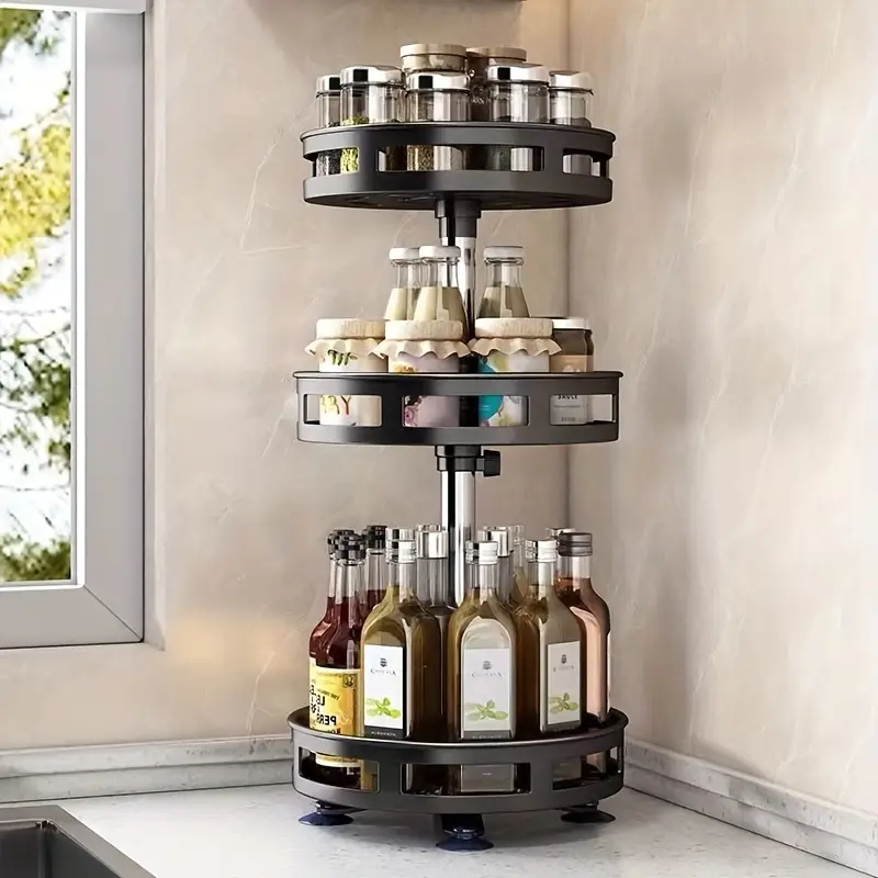 2 tier rotating kitchen storage rack multipurpose metal and plastic floor standing organizer for spices cosmetics kitchen pantry and bathroom metal pipes easy assembly utility racks Product details 0