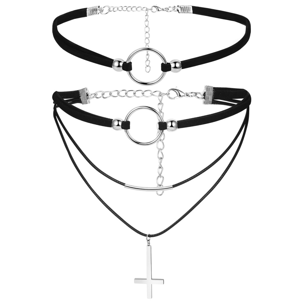 Image of Jewelrywe Womens Velvet Cross Choker: Vintage Faux Leather Layered Choker Pendant Necklace - Boho Gothic Necklaces Jewelry Gift For Women Party Halloween Christmas New Year
